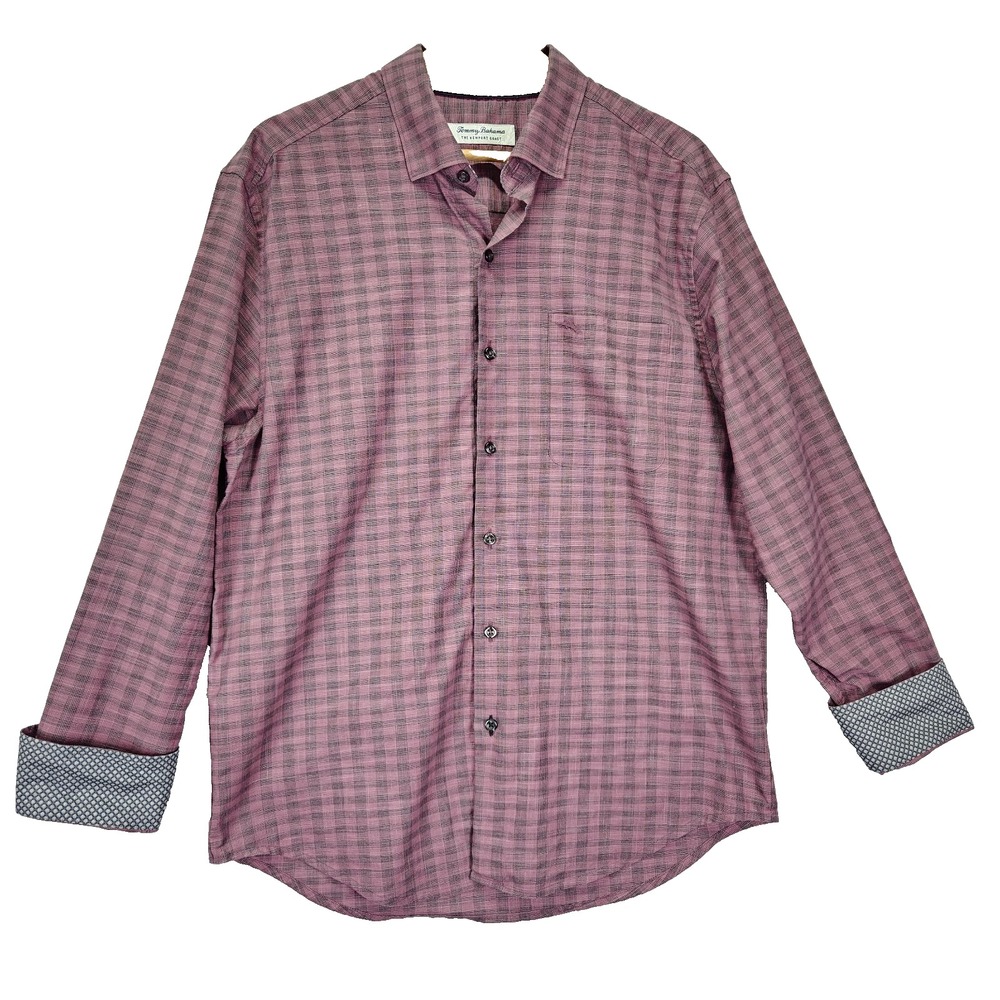 Tommy Bahama Newport Coast Button Up Mens M Purple Pima Cotton Check Flip Cuff